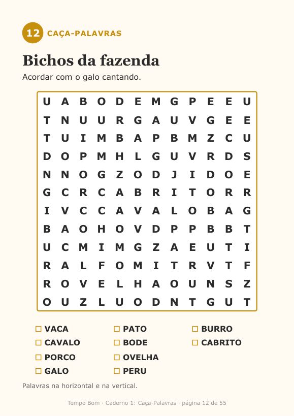 Página de exemplo do caderno Caça-Palavras