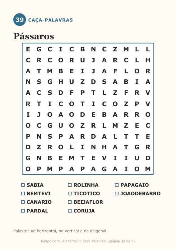 Página de exemplo do caderno Caça-Palavras
