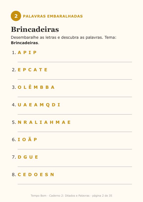 Página de exemplo do caderno Ditados e Palavras