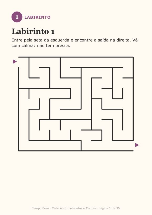 Página de exemplo do caderno Labirintos e Contas