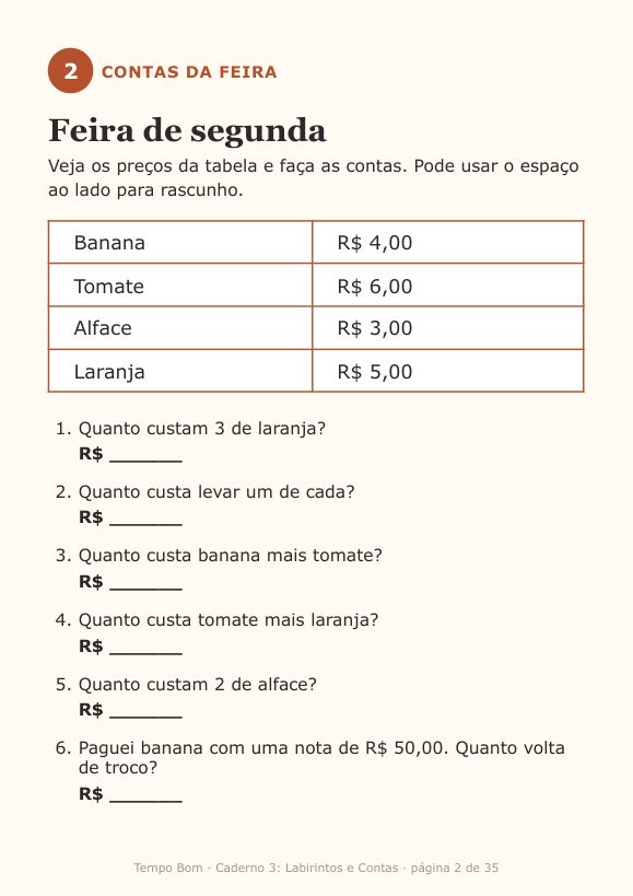 Página de exemplo do caderno Labirintos e Contas