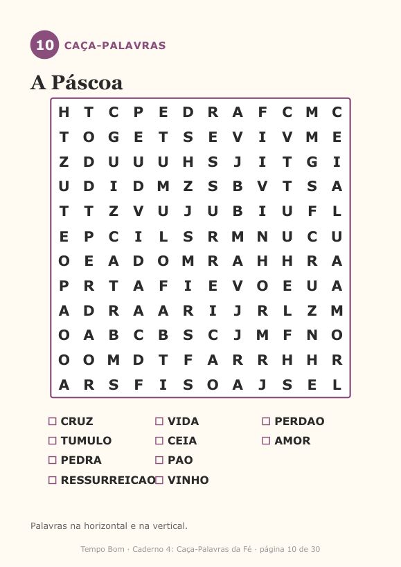 Página de exemplo do caderno Caça-Palavras da Fé