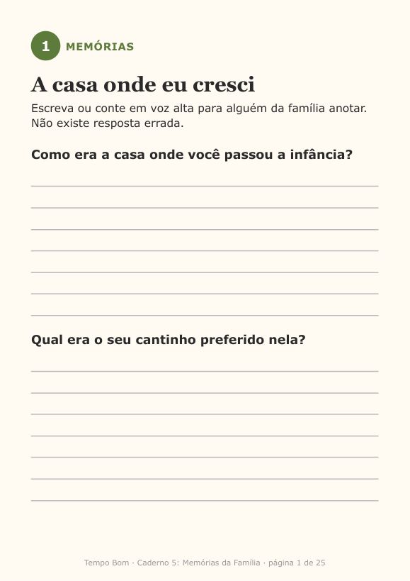 Página de exemplo do caderno Memórias da Família
