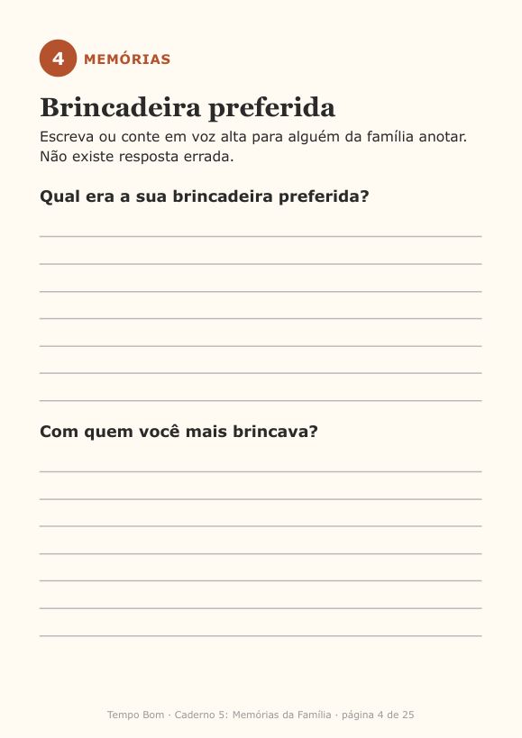 Página de exemplo do caderno Memórias da Família