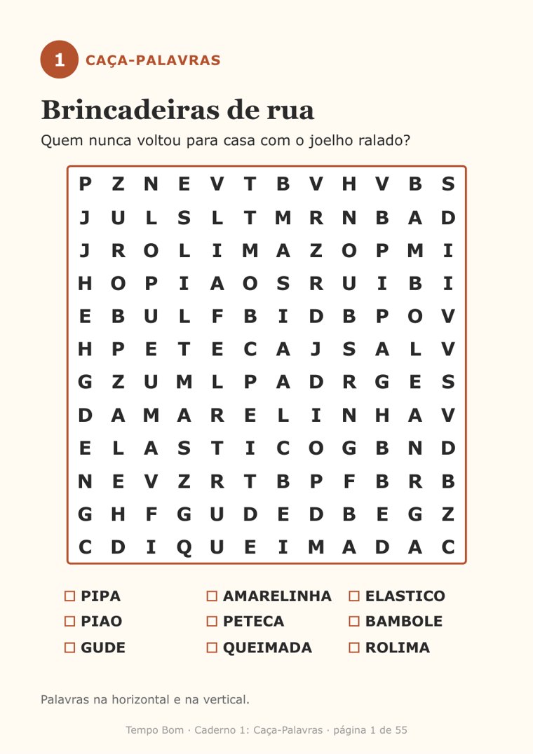 Página do caderno Caça-Palavras: Brincadeiras de rua